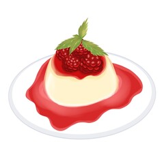 Illustration famous Italian cuisine dessert Panna Cotta with berry sauce in delicate red pink coral and green tones on a plate