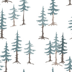Fototapeta premium Spruce, fir trees silhouettes seamless pattern, forest background. Hand drawn vector illustration. Design concept for kids textile, fashion print, wallpaper, packaging.