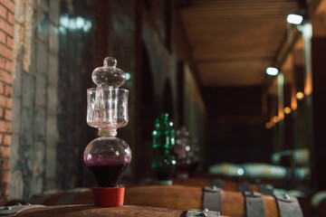 Old wine cellar, large wooden barrels for wine aging with glass siphons in bungholes
