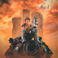 Cyberpunk soldier girl desert war - 3D illustration of science fiction military female warrior riding futuristic tank through city ruins - 506833854