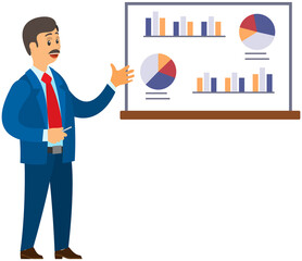 Analytics information and development statistics. Web analysis measure, product testing technology. Man analyses dashboard seo optimization, digital report. Statistical indicators and data on diagram