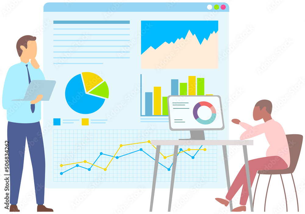 Poster manager makes presentation of statistical report analysis charts. planning business. teamwork consul