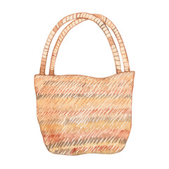 Watercolor drawing of a straw bag isolated on a white background. Travel accessory. Vacation, holidays.
