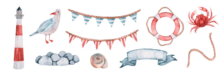 Watercolor marine set. Lighthouse, seagull, stones, shell, life buoy, rope, crab. Sea clipart. Travel. Isolated on white background.