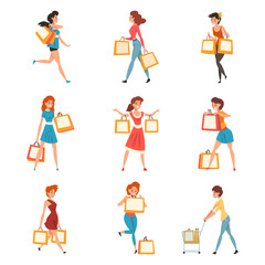 Fototapeta na wymiar Happy Woman Character Doing Shopping Carrying Bags with Purchase Big Vector Set