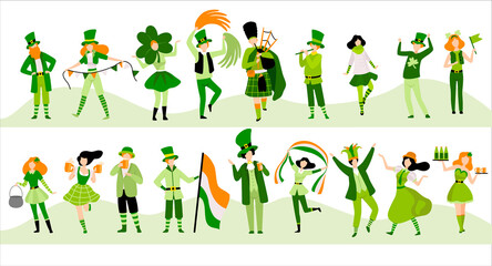 Fototapeta premium People Character in Festive Green Costumes Celebrating Saint Patrick Day Vector Big Set