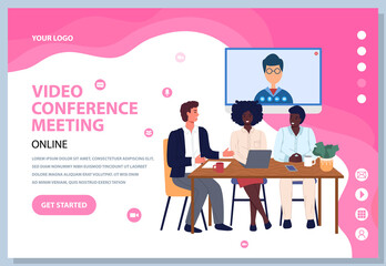 People communicate by online video call during conference, meeting. Communication, discussion of business development with colleagues online. Template of website or webpage for meeting via Internet