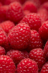 Fresh raspberry vertical background. Juicy red raspberries close up.