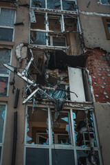 Irpin, Kyiv Oblast,  Ukraine - 19.05.2022: Cities of Ukraine after the Russian occupation. burnt and destroyed civilian building in  city of Irpin, northwest of Kyiv. close up