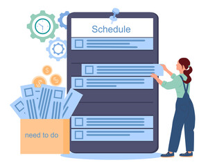 Female character in a work uniform fill out a giant schedule. Girl putting up a sign. Task cards are in the box. Vector illustration in flat style