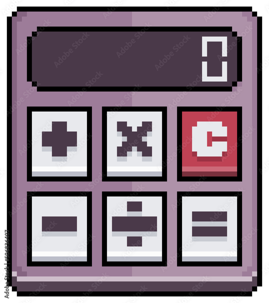 Poster pixel art calculator. school item vector icon for 8bit game on white background