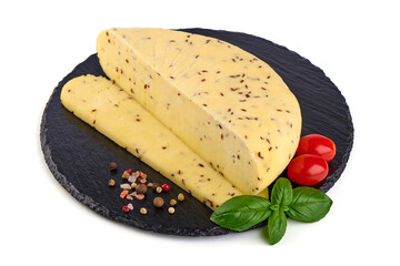 Traditional Latvian homemade cheese with cumin seeds for annual Latvian festival celebrating the summer solstice Ligo holiday. Isolated on white background.