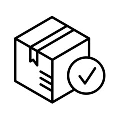 Parcel and checkmark icon, line art outline parcel with tick, concept of approved or accepted delivery.