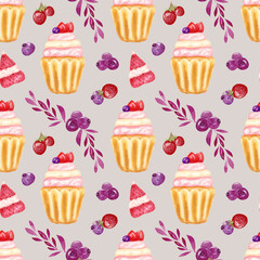 Watercolor seamless pattern with muffins. Watercolor hand painting with fruit cupcakes. Hand drawing watercolor illustration. Desserts. Sweet background perfect for fabric textile or menu wallpaper