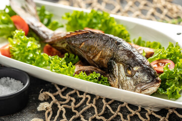 Dorado on grill and salad on a white plate on a dark background. top view. place for text
