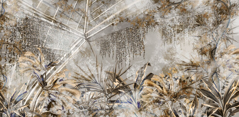 
greenhouse with tropics art pattern with golden elements on texture photo wallpaper