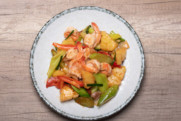 Stir-fried sweet and sour shrimp with mixed vegetables, Thai food