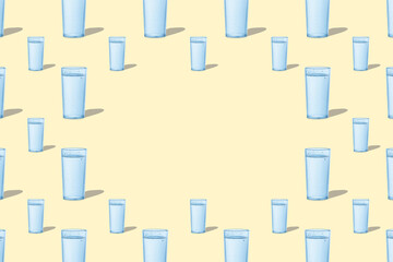 Pattern from glasses with water covered with condensation droplets on light yellow background. The concept of summer drink with copy space.