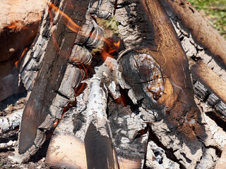Firewood burns in the open air. Recreation and leisure outside the city.