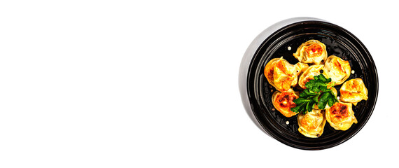Fried dumplings with parsley and pepper isolated on white background. Trendy vegan food