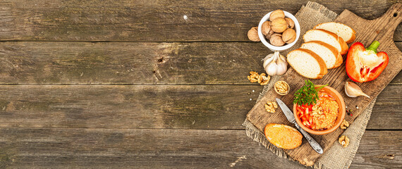 Traditional Middle Eastern dip Muhammara. Roasted red bell pepper with walnuts and spices