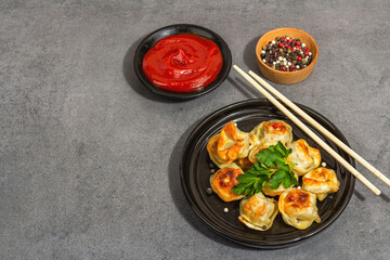 Deep-fried dumplings with tomato sauce and pepper mix. Vegan food, modern hard light, dark shadow