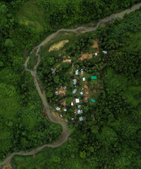Areal view of a village near by a river