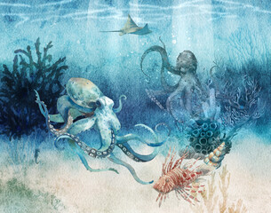 Underwater life scene. Watercolor illustration with octopus, scuba, coral reef animals and seaweed. © ldinka