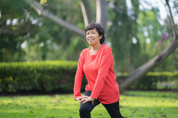 Senior asian woman body warming before exercising. Old woman stretching before jogging in garden,...