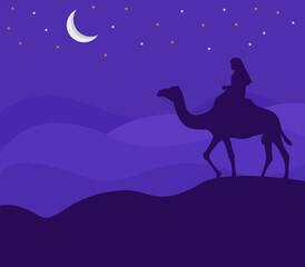 Camel rider in the sand desert night