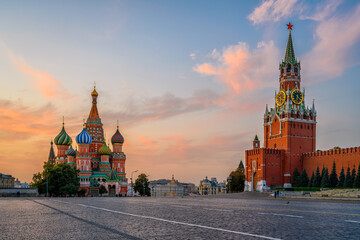 Saint Basil's Cathedral, Spasskaya Tower and Red Square in Moscow, Russia. Architecture and landmarks of Moscow. - obrazy, fototapety, plakaty