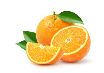 Orange fruit with cut in half and slices isolated on white background.