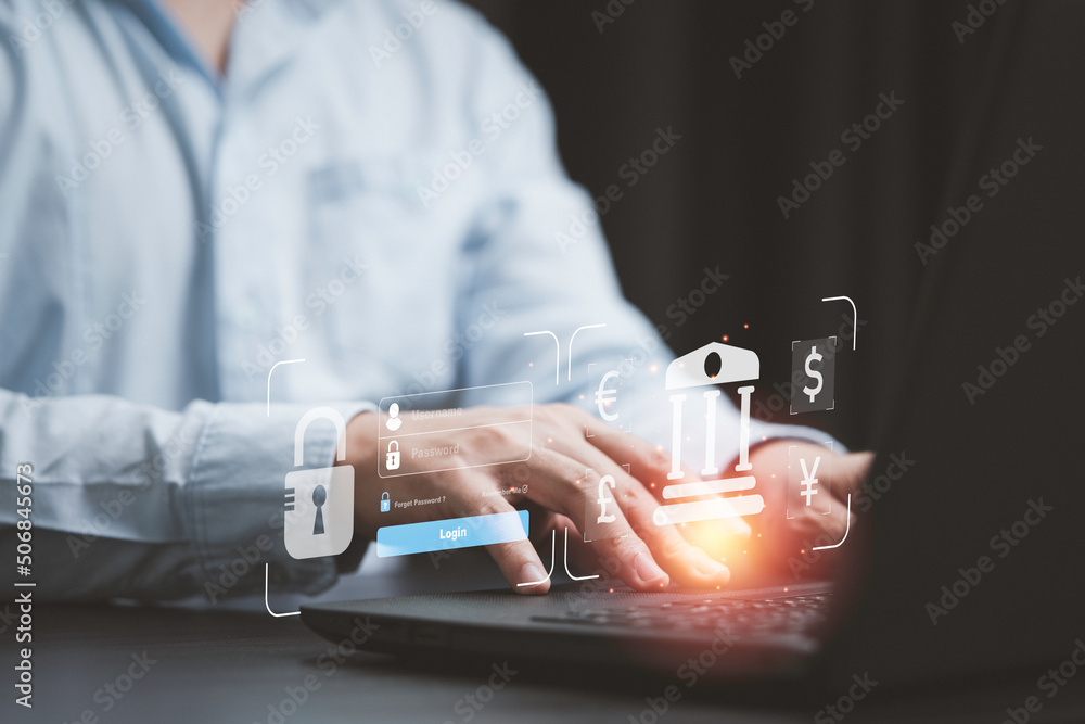 Aufkleber businessman using computer laptop to input username and password for trading forex or currency excha