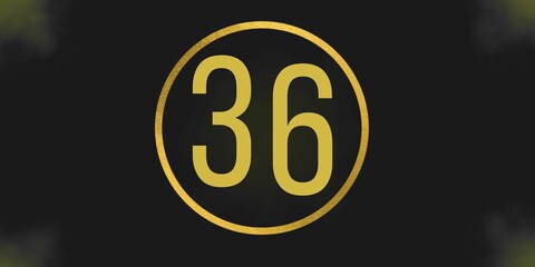 Number 36. Banner with the number thirty six on a black background and gold details with a circle gold in the middle