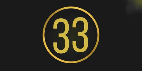 Number 33. Banner with the number thirty three on a black background and gold details with a circle gold in the middle