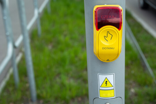 Yellow-red traffic light button touch and wait, Polish language