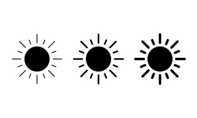 Brightness control different sizes line icon set in solid black. Sun outline symbol. Trendy flat isolated sign for: illustration, logo, mobile app, emblem, design, web, dev, ui, ux, gui. Vector EPS 10