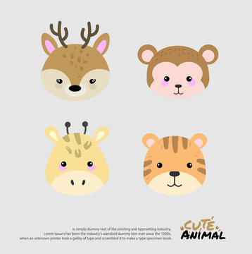 Head of cute animals. Wildlife cartoon character vector illustration.