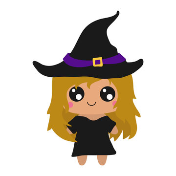 Illustration of a girl in a witch costume. Vector Halloween illustration. Cute little illustration Halloween for kids, fairy tales, covers, baby shower, textile t-shirt, baby book.