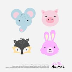Head of cute animals. Wildlife cartoon character vector illustration.