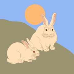 Cute cartoon rabbits vector illustration. Funny furry pink hares, Easter bunnies standing, sitting. Flat cartoon hares ukiyo-e style in wild nature.