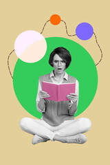 Vertical creative image of impressed person sitting read book learn new isolated on drawing background