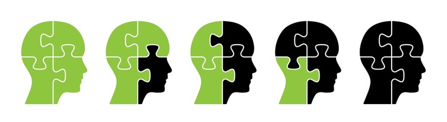 Human head made from four puzzle pieces vector in black and green. Thinking diversity concept design isolated to use in business, divergence, decision, success, challenge projects and presentations. 