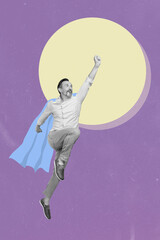 3d retro abstract creative artwork template collage of purposeful age superman flying moon isolated...