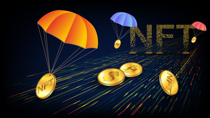 Futuristic NFT non fungible token airdrop concept with receding perspective on the digital road and golden coins of Bitcoin, NFT and Dollars with parachutes.