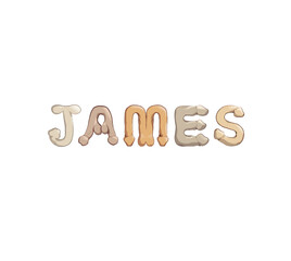 James name in letters stylized as male reproductive organs as a decoration for parties
