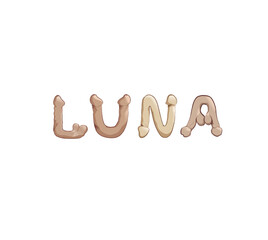 Luna name in letters stylized as male reproductive organs as a decoration for parties