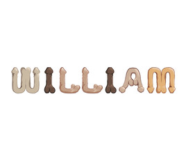 William name in letters stylized as male reproductive organs as a decoration for parties