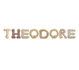 Theodore name in letters stylized as male reproductive organs as a decoration for parties