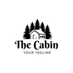Vintage cabin and Pine forest illustration logo design